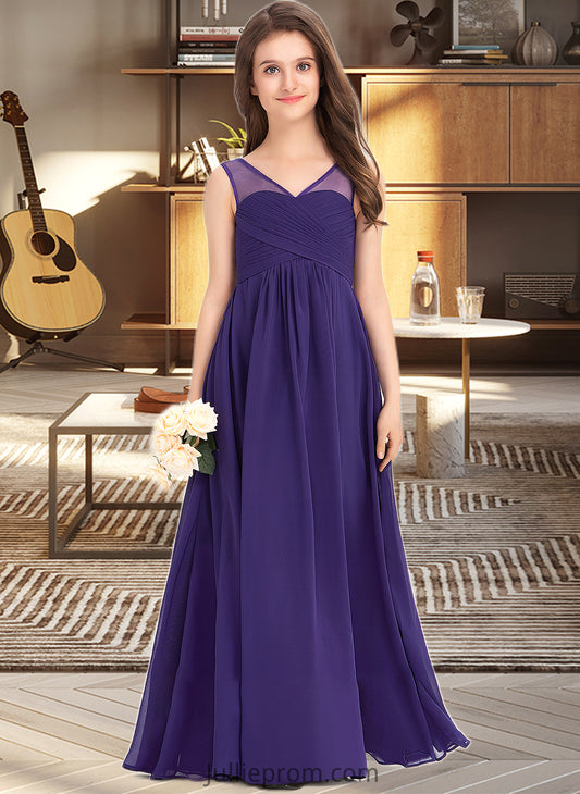 Emilia A-Line V-neck Floor-Length Chiffon Junior Bridesmaid Dress With Ruffle DQP0013642