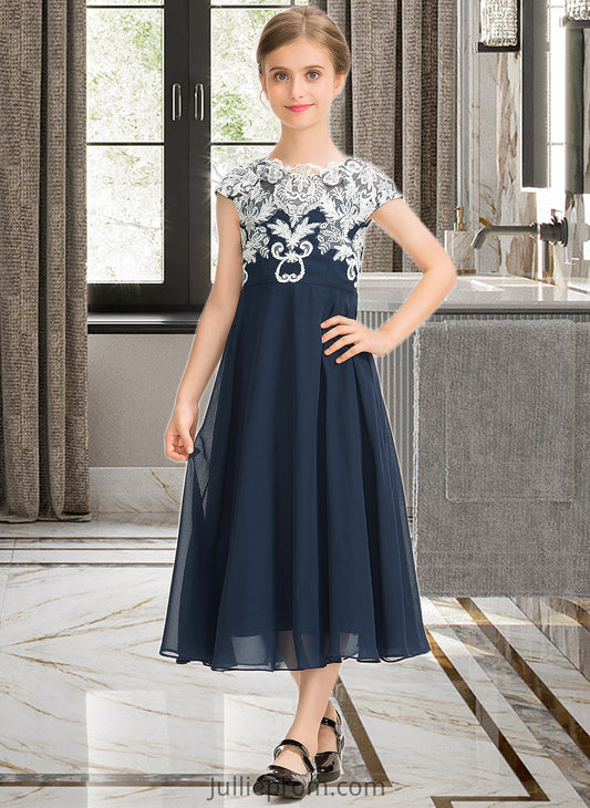 Ryann A-Line Scoop Neck Tea-Length Chiffon Lace Junior Bridesmaid Dress DQP0013643