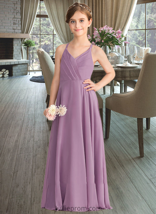 Zara A-Line V-neck Floor-Length Chiffon Junior Bridesmaid Dress With Cascading Ruffles DQP0013644