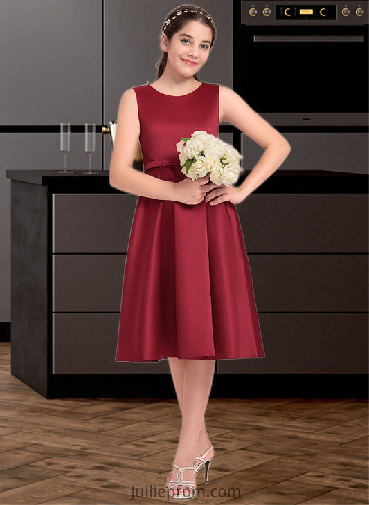 Presley A-Line Scoop Neck Knee-Length Satin Junior Bridesmaid Dress With Lace Bow(s) DQP0013646