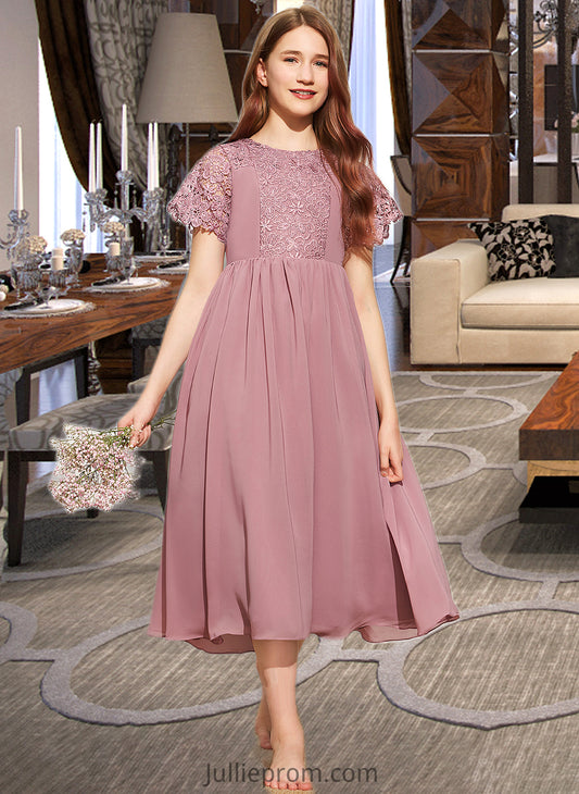 Cristal A-Line Scoop Neck Tea-Length Chiffon Lace Junior Bridesmaid Dress DQP0013648