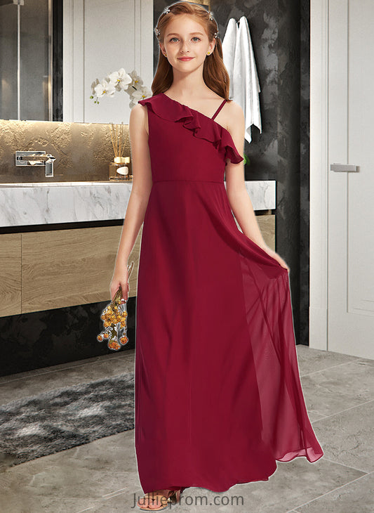 Zara A-Line One-Shoulder Floor-Length Chiffon Junior Bridesmaid Dress With Ruffles DQP0013650
