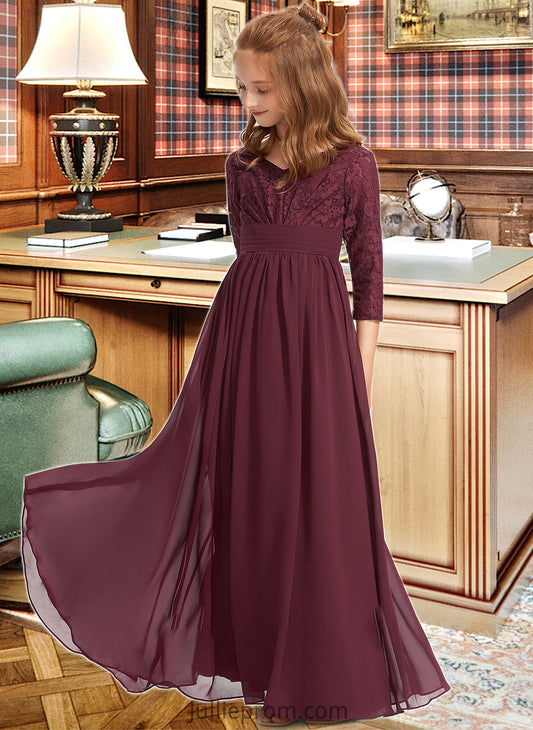 Ruby A-Line V-neck Floor-Length Chiffon Lace Junior Bridesmaid Dress DQP0013652