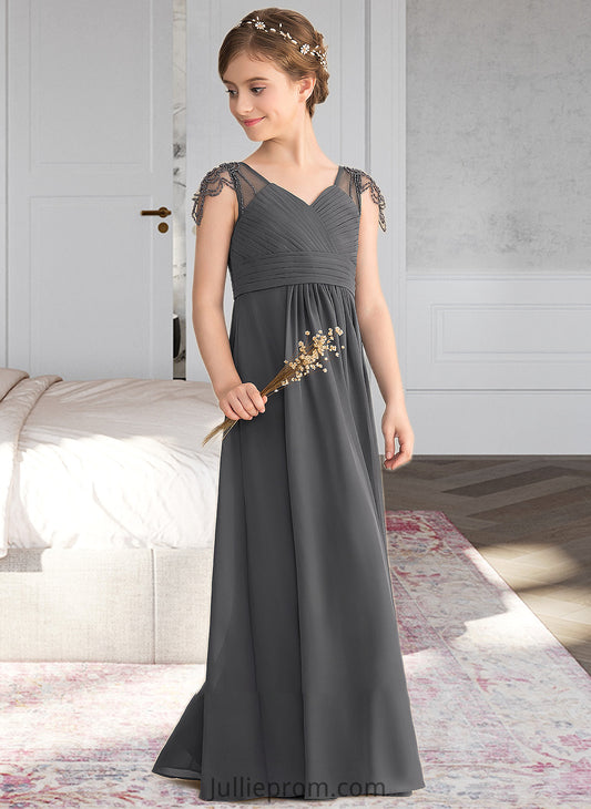 Ashly A-Line V-neck Floor-Length Chiffon Junior Bridesmaid Dress With Ruffle Beading DQP0013653
