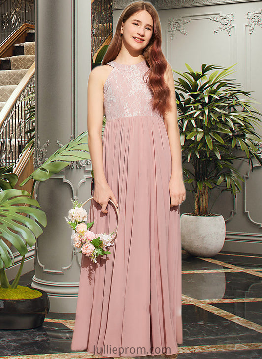 Imani A-Line Scoop Neck Floor-Length Chiffon Lace Junior Bridesmaid Dress With Sequins DQP0013655