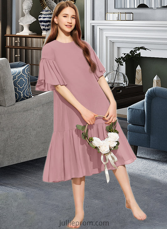 Daniela A-Line Scoop Neck Knee-Length Chiffon Junior Bridesmaid Dress With Cascading Ruffles DQP0013656