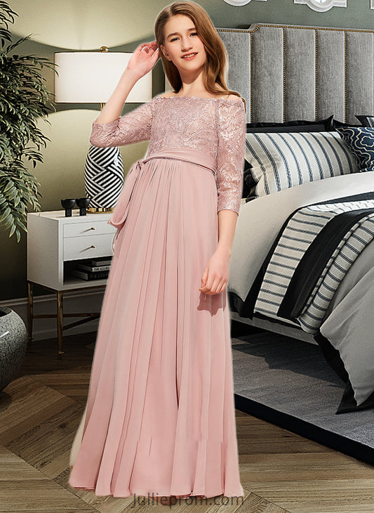 Cristina A-Line Off-the-Shoulder Floor-Length Chiffon Lace Junior Bridesmaid Dress With Bow(s) DQP0013658