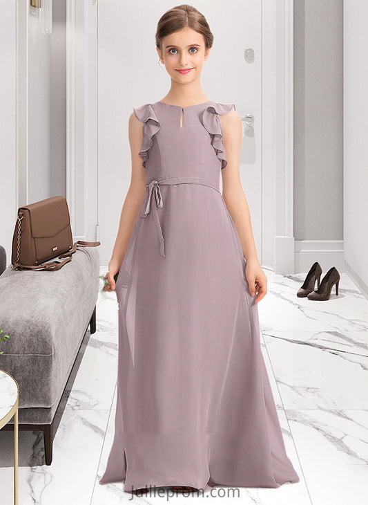 Vivienne A-Line Scoop Neck Floor-Length Chiffon Junior Bridesmaid Dress With Bow(s) Cascading Ruffles DQP0013659