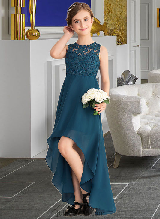 Siena A-Line Scoop Neck Asymmetrical Chiffon Lace Junior Bridesmaid Dress DQP0013661