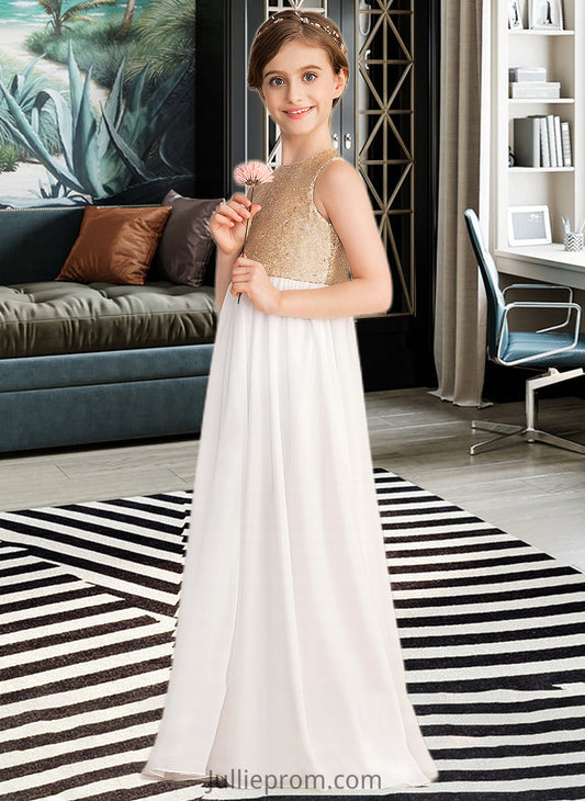 Desirae A-Line Scoop Neck Floor-Length Chiffon Sequined Junior Bridesmaid Dress DQP0013662