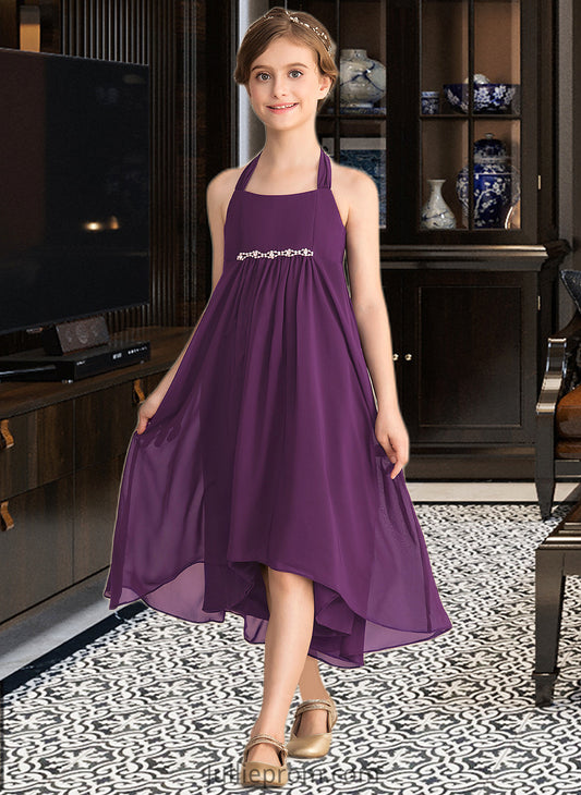 Kathy Empire Halter Asymmetrical Chiffon Junior Bridesmaid Dress With Beading Bow(s) DQP0013663