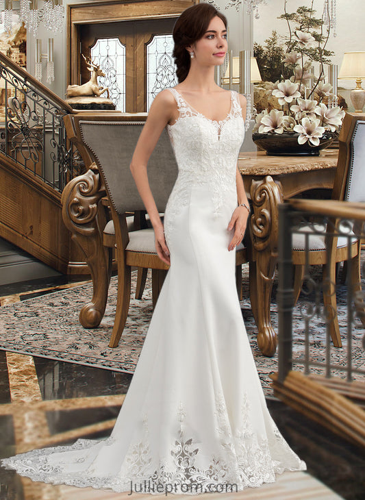 Cherish Trumpet/Mermaid V-neck Court Train Lace Stretch Crepe Wedding Dress With Sequins DQP0013738