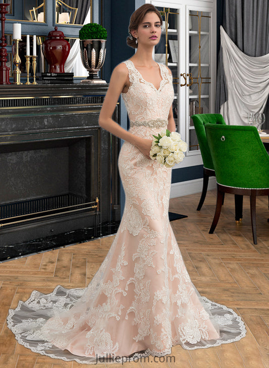 Lyric Trumpet/Mermaid V-neck Chapel Train Tulle Lace Wedding Dress With Beading DQP0013810