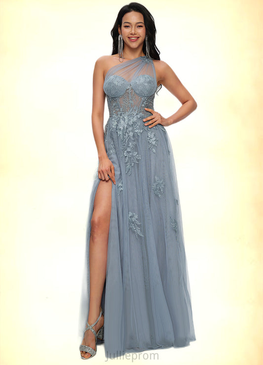 Vivian A-line One Shoulder Floor-Length Tulle Prom Dresses With Appliques Lace Sequins DQP0022200
