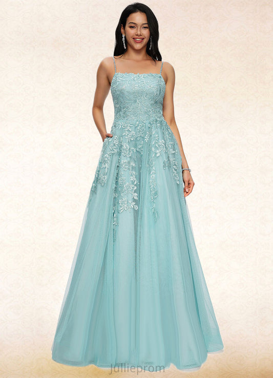 Emily Ball-Gown/Princess Straight Floor-Length Tulle Prom Dresses With Appliques Lace Sequins DQP0022206