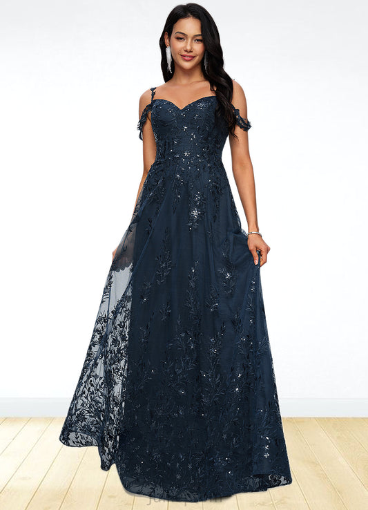 Natalia A-line V-Neck Floor-Length Lace Prom Dresses With Sequins DQP0022222