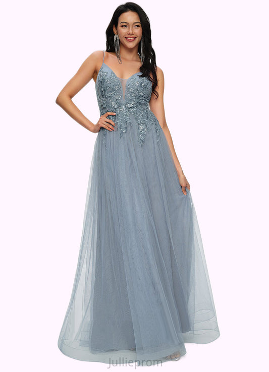 Siena A-line V-Neck Floor-Length Tulle Prom Dresses With Appliques Lace Sequins DQP0022223