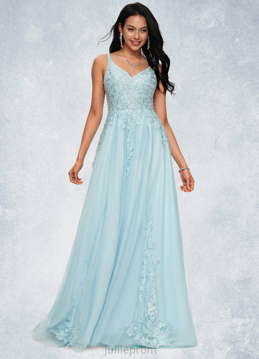Carley A-line V-Neck Floor-Length Tulle Prom Dresses With Rhinestone Appliques Lace Sequins DQP0022225