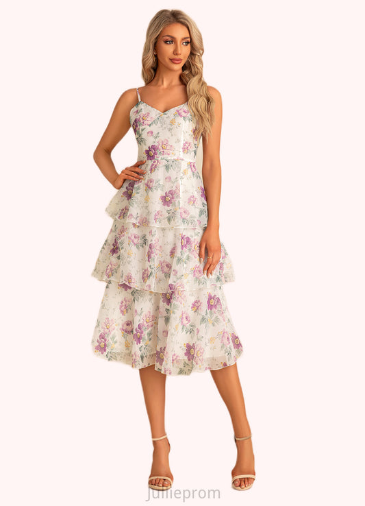 Ally A-line V-Neck Tea-Length Chiffon Bridesmaid Dress With Cascading Ruffles Floral Print DQP0022567