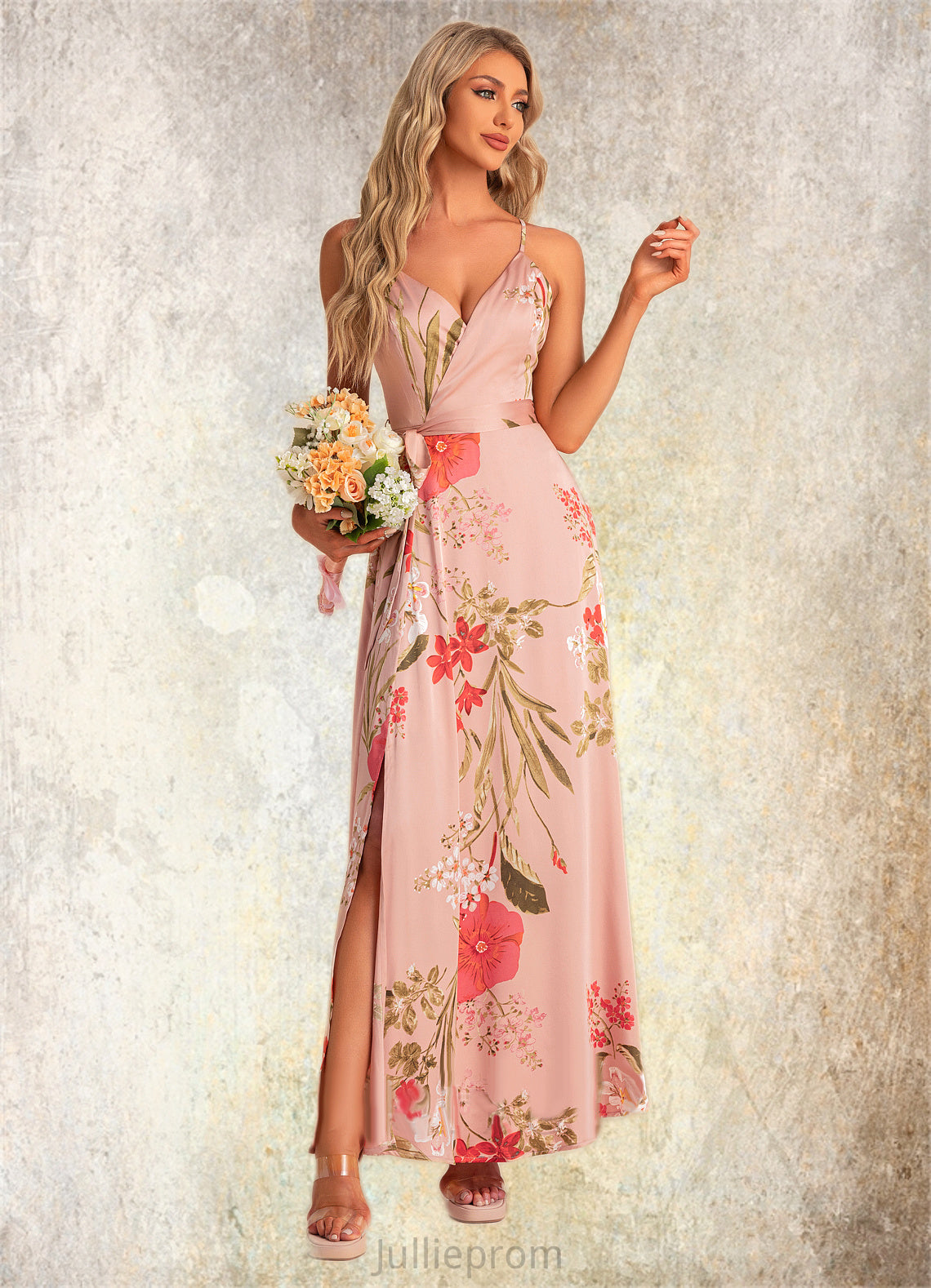 Kassidy A-line V-Neck Floor-Length Asymmetrical Satin Bridesmaid Dress With Floral Print DQP0022568