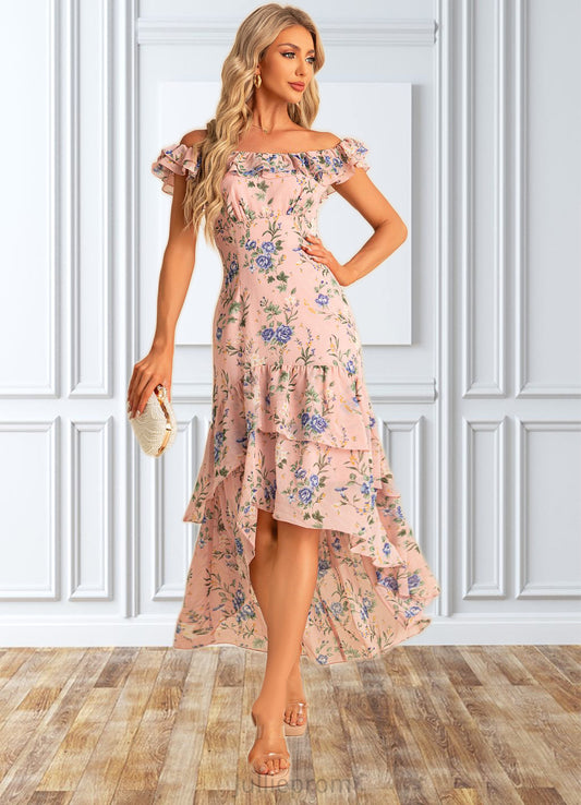 Hailie Trumpet/Mermaid Scoop Straight Floor-Length Asymmetrical Chiffon Bridesmaid Dress With Ruffle Floral Print DQP0022569