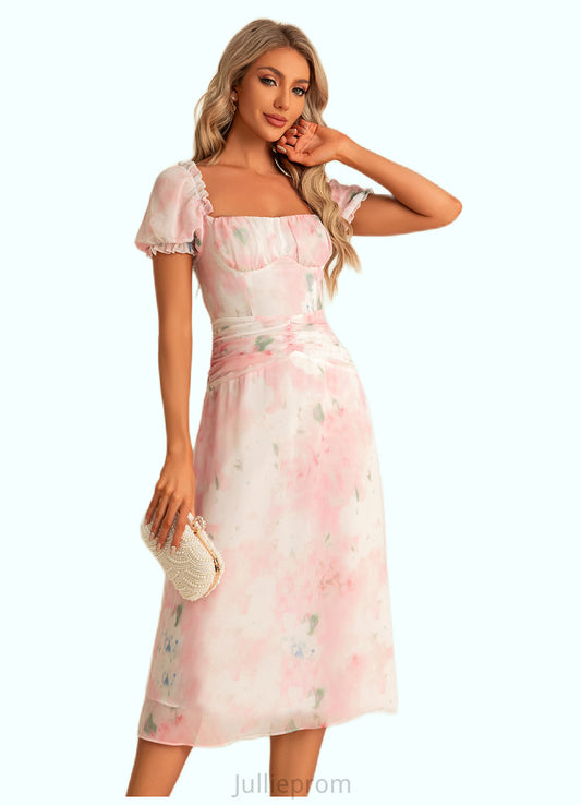 Meredith A-line Square Tea-Length Chiffon Bridesmaid Dress With Floral Print DQP0022570