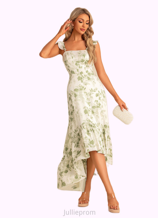 Skye A-line Straight Floor-Length Asymmetrical Satin Bridesmaid Dress With Ruffle Floral Print DQP0022571
