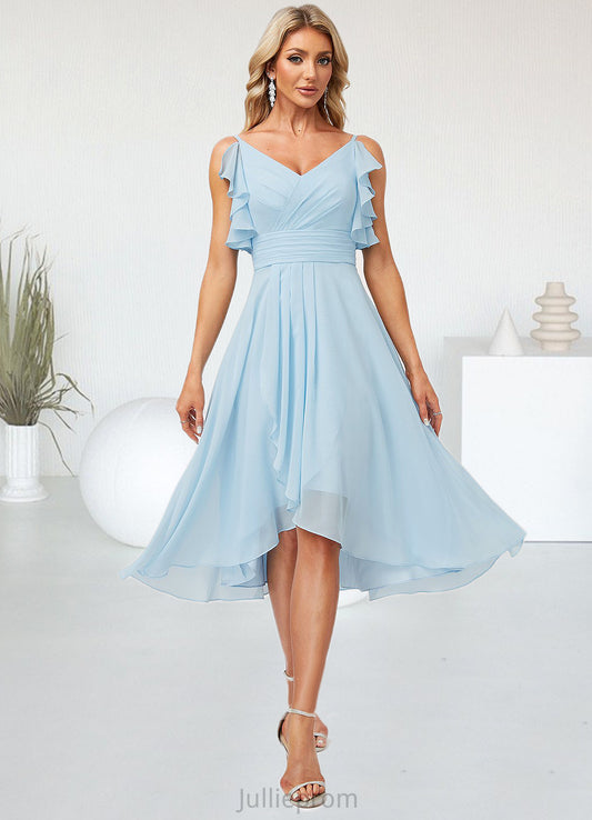 Justine A-line V-Neck Floor-Length Chiffon Bridesmaid Dress With Ruffle DQP0022573