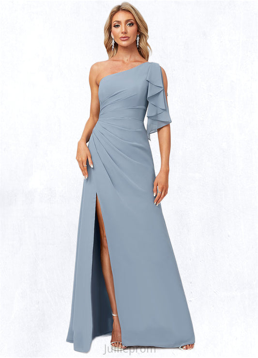 Chloe A-line One Shoulder Floor-Length Chiffon Bridesmaid Dress With Ruffle DQP0022576