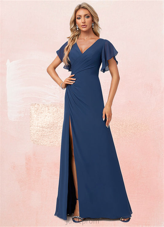 Bethany A-line V-Neck Floor-Length Chiffon Bridesmaid Dress With Ruffle DQP0022582