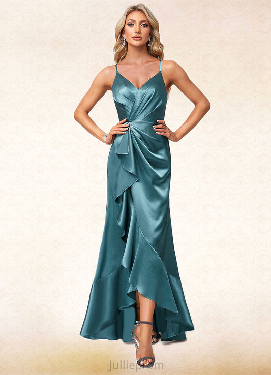 Cora A-line V-Neck Asymmetrical Stretch Satin Bridesmaid Dress With Ruffle DQP0022584