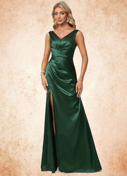 Rory A-line V-Neck Floor-Length Stretch Satin Bridesmaid Dress DQP0022590