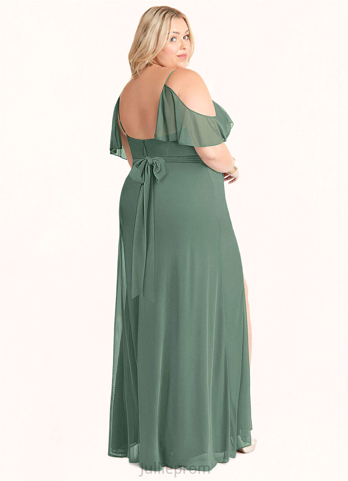 Mikaela A-Line V-neck Ruched Mesh Floor-Length Dress Eucalyptus DQP0022714