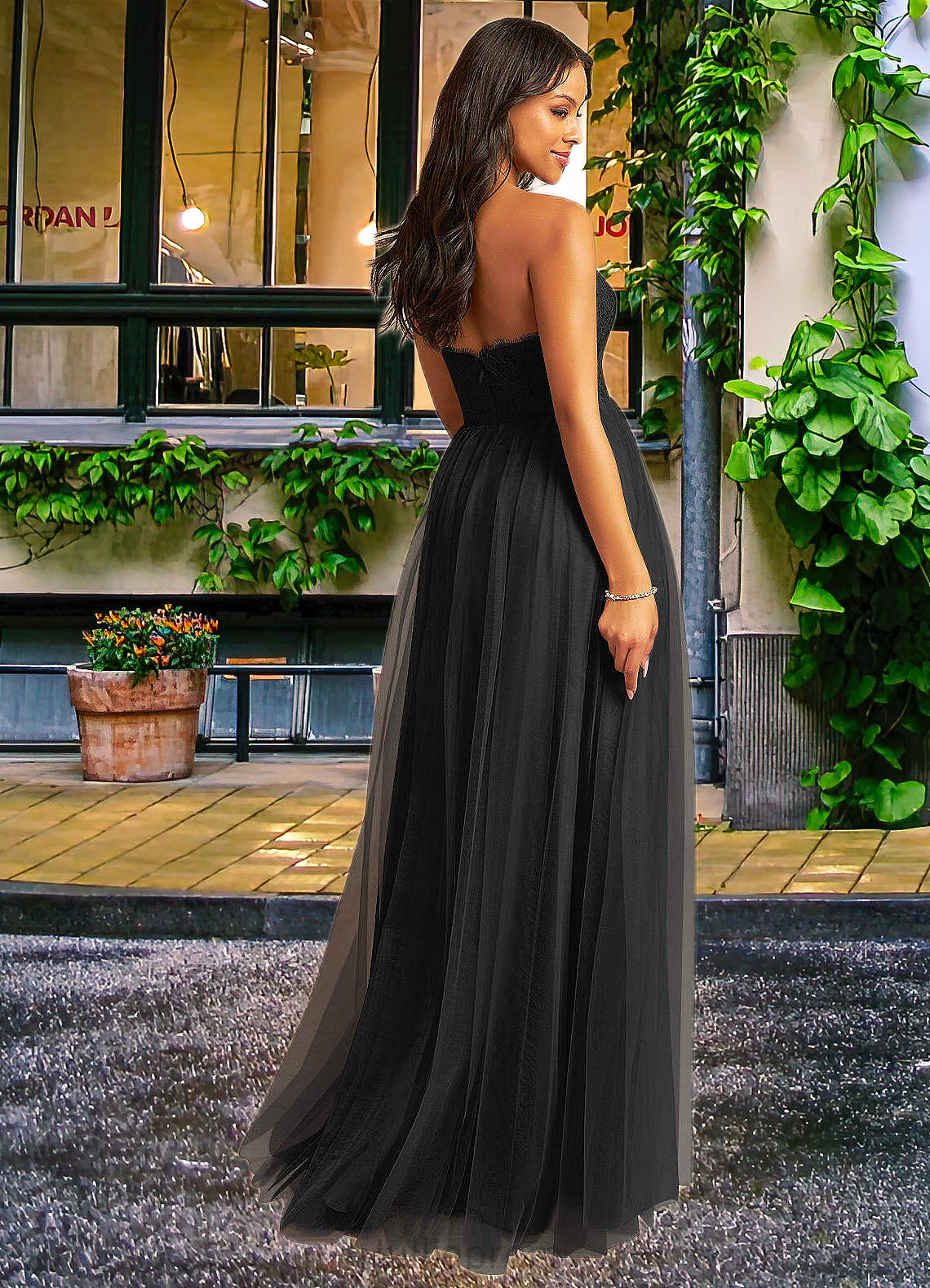June A-Line Sweetheart Neckline Tulle Floor-Length Dress black DQP0022717