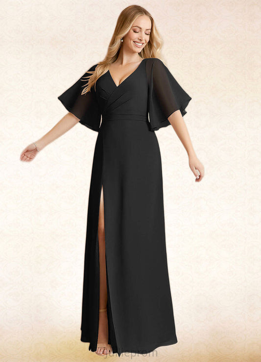 Yamilet A-Line V-Neck Chiffon Floor-Length Dress black DQP0022718
