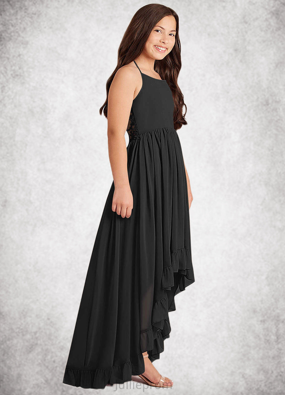 Nathalia A-Line Lace Chiffon Asymmetrical Junior Bridesmaid Dress black DQP0022855