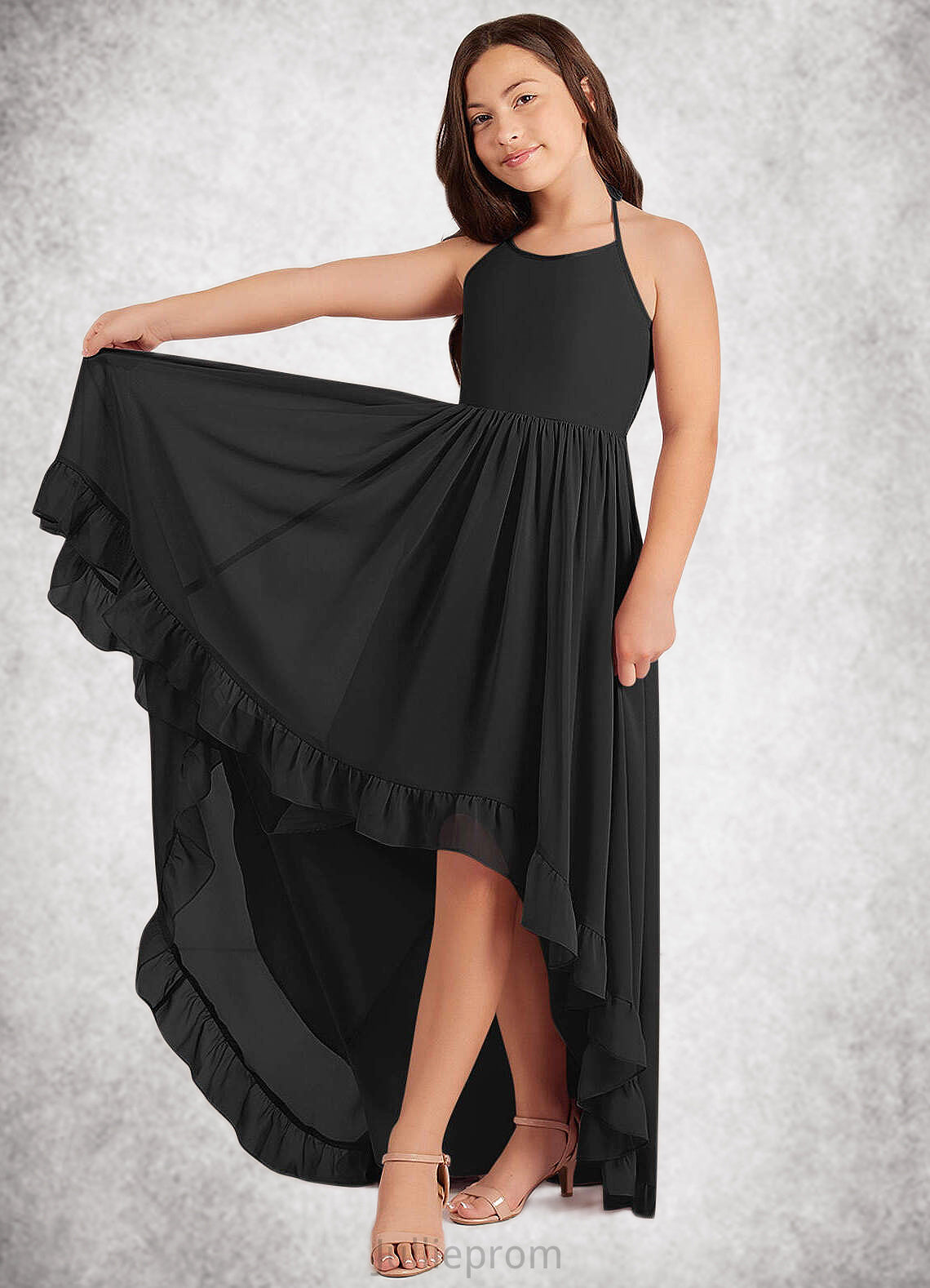 Nathalia A-Line Lace Chiffon Asymmetrical Junior Bridesmaid Dress black DQP0022855