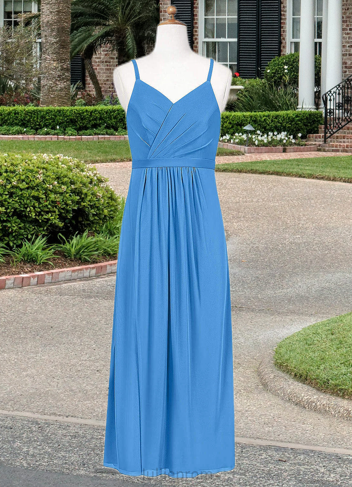 Bria Pleated Mesh Floor-Length Junior Bridesmaid Dress Blue Jay DQP0022861
