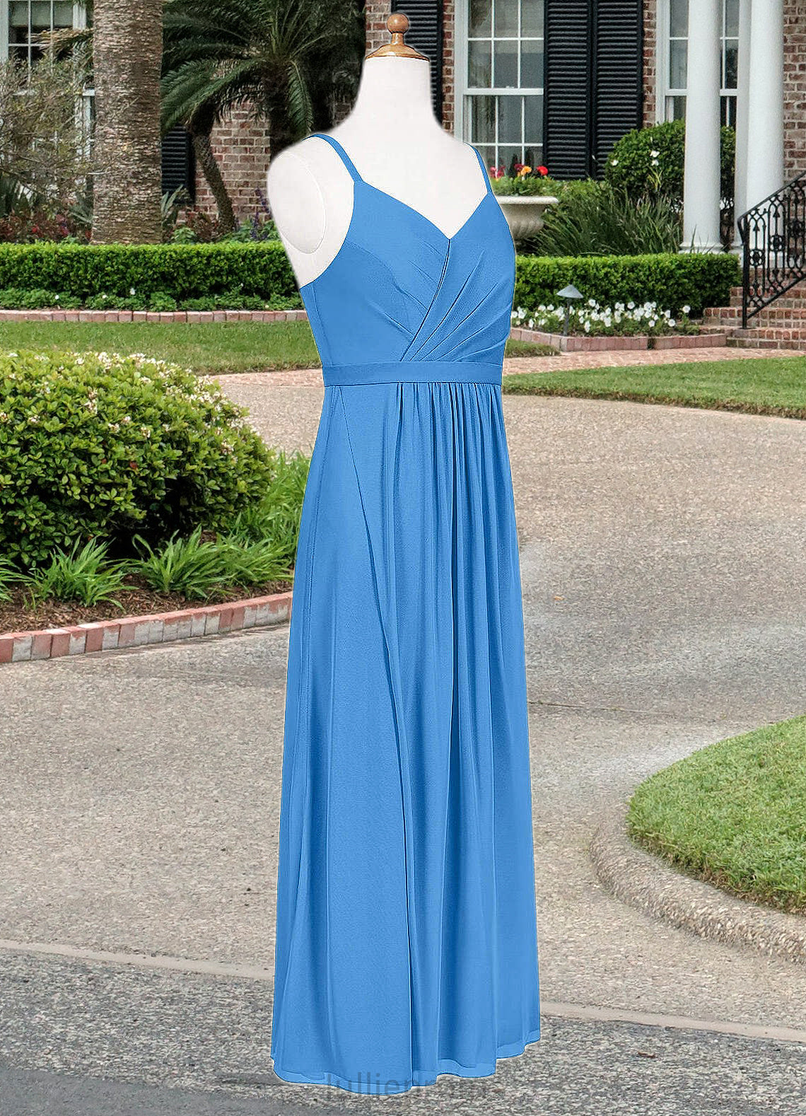 Bria Pleated Mesh Floor-Length Junior Bridesmaid Dress Blue Jay DQP0022861
