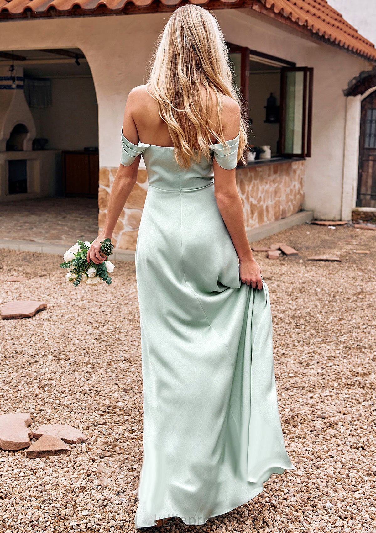 Sheath/Column Off-the-Shoulder Sleeveless Floor-Length Stretch Satin Bridesmaid Dresses with Pleated Alyssa DQP0025218
