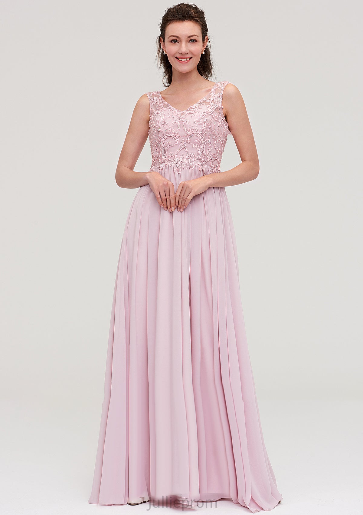Sleeveless V Neck A-line/Princess Chiffon Long/Floor-Length Bridesmaid Dresseses With Beading Appliqued Meadow DQP0025410