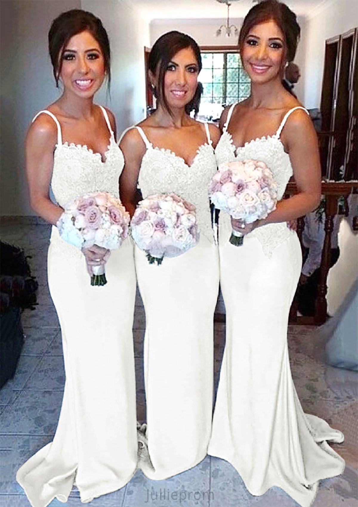 Sweetheart Court Train Sheath/Column Elastic Satin Bridesmaid Dresseses With Lace Aaliyah DQP0025500