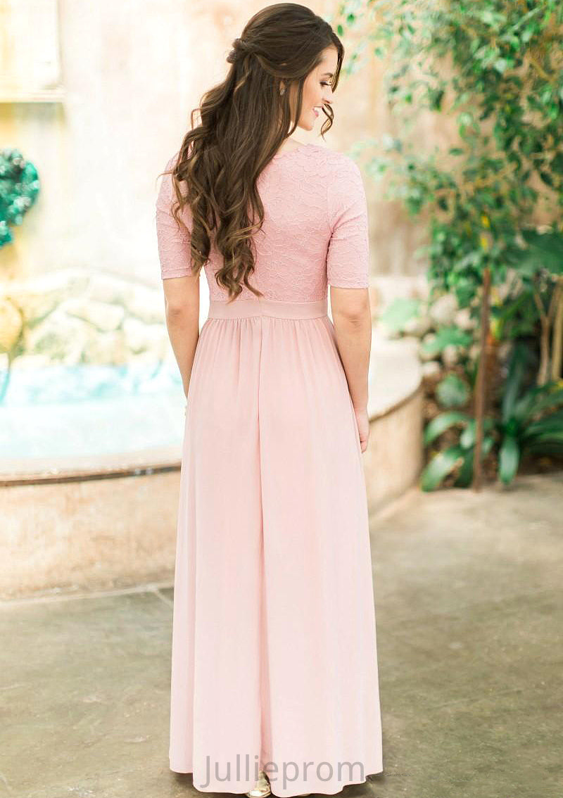 Scoop Neck Short Sleeve Ankle-Length A-line/Princess Chiffon Bridesmaid Dresses With Lace Pleated Clarissa DQP0025580