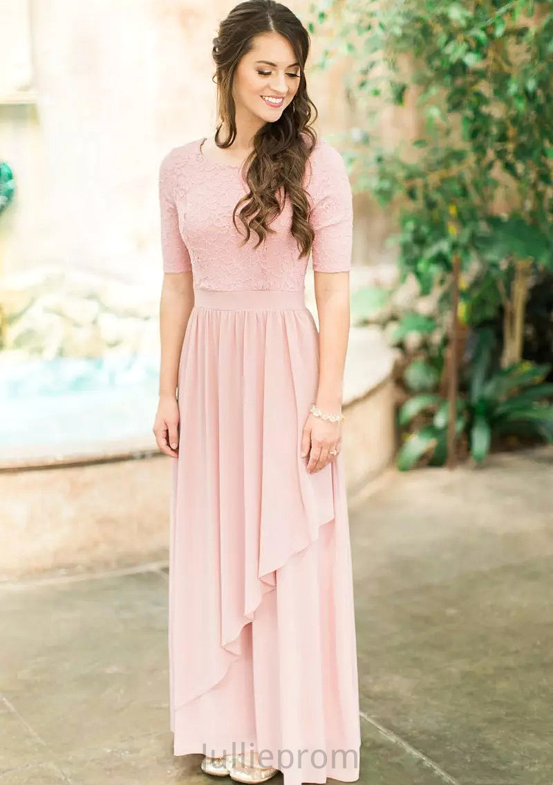 Scoop Neck Short Sleeve Ankle-Length A-line/Princess Chiffon Bridesmaid Dresses With Lace Pleated Clarissa DQP0025580